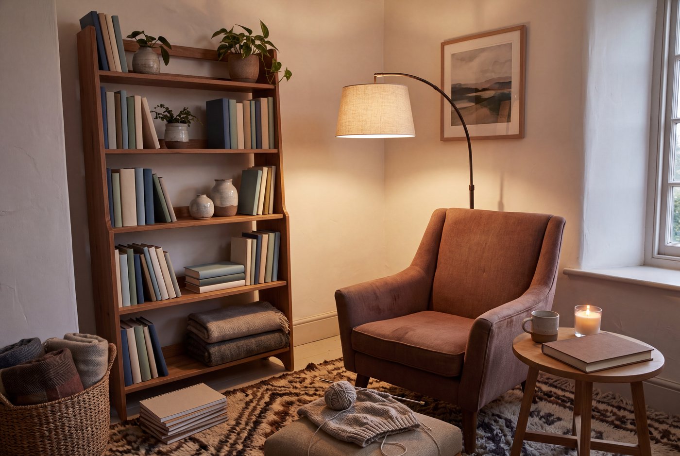 A corner reading nook with the chair angled across the corner at forty-five degrees, an arched floor lamp behind and a round side table