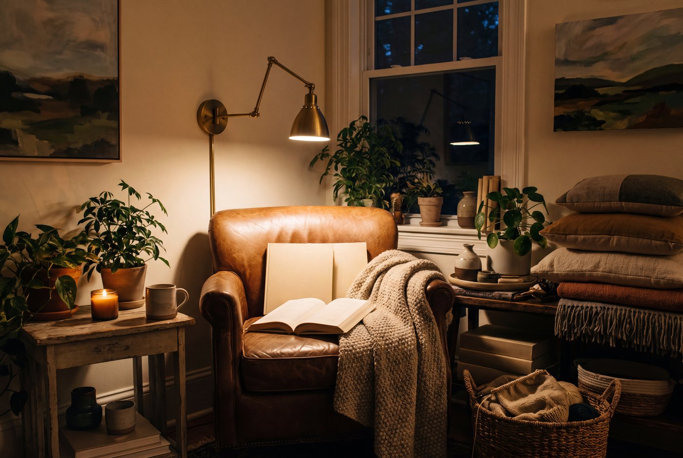 A reading nook lit correctly: a swing-arm wall sconce positioned behind and above one shoulder, casting warm light onto an open book
