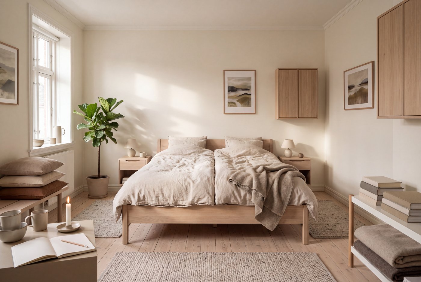 A Scandinavian bedroom with a low pale oak bed, rumpled oatmeal linen, two single duvets, matching pale wood nightstands and wool rugs