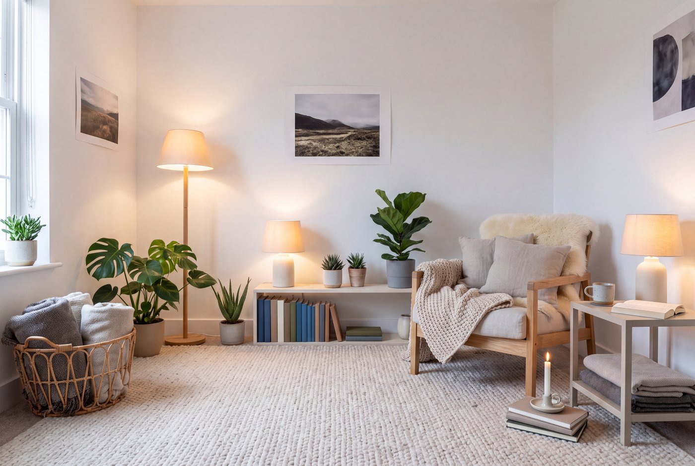 A bare white rental room converted by Scandinavian textiles: a large pale wool rug, a sheepskin, layered throws, three warm lamps and plants
