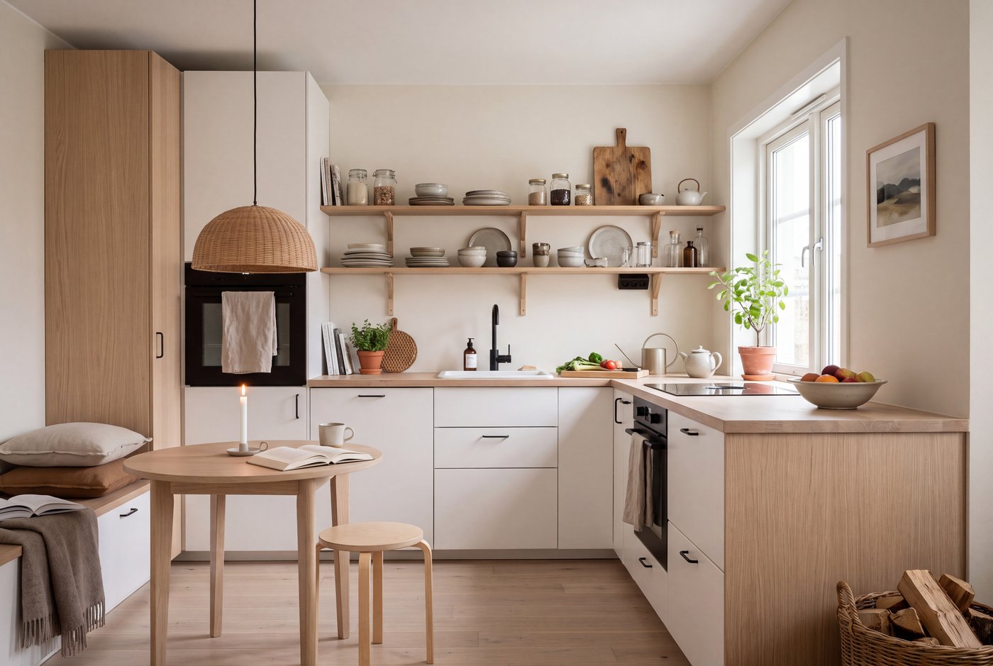 A Scandinavian kitchen with handleless pale cabinets, a wooden countertop, black fixtures and a low pendant over a small table